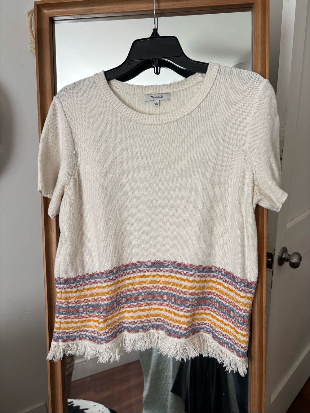 Madewell Cream Fringe Hem Stripe Sweater Tee